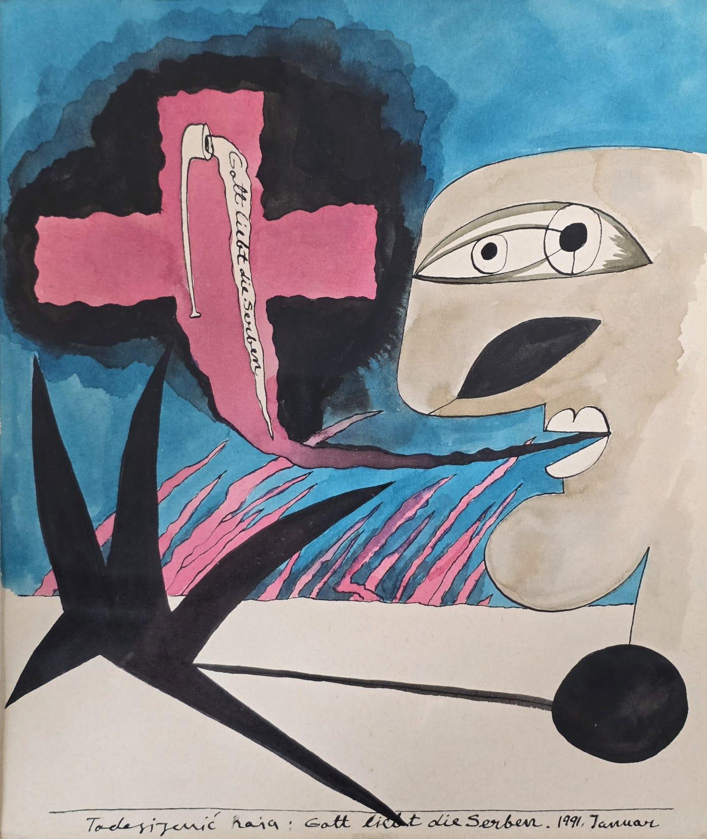 Bog voli Srbe, Raša Todosijević, tuš i akvarel na papiru